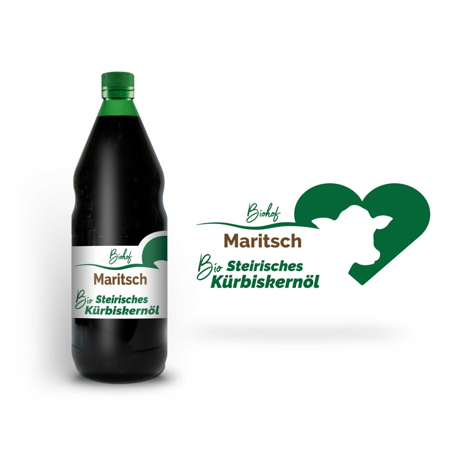 Ein Flasche Kernöl mit einem Etikett mit einem grünen Herz und einem weißen Schatten von einer Kuh