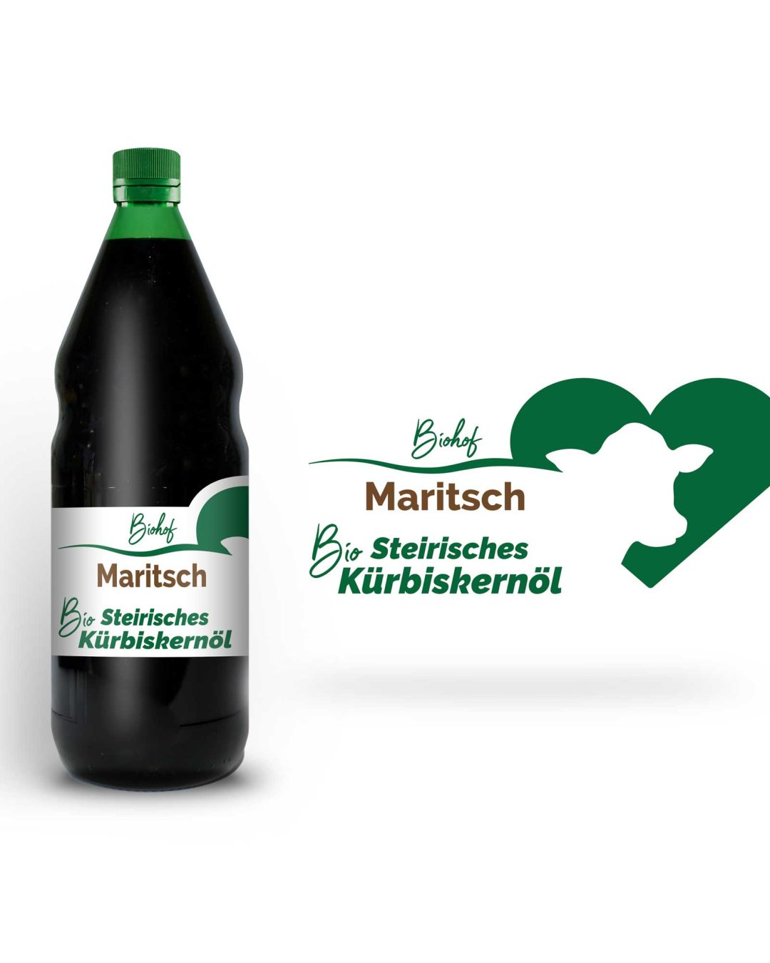 Ein Flasche Kernöl mit einem Etikett mit einem grünen Herz und einem weißen Schatten von einer Kuh